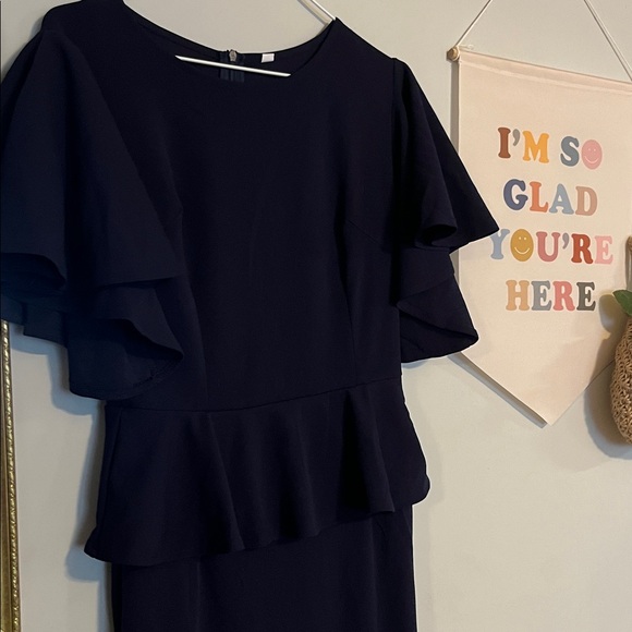 NWOT Elegant Navy Blue Ruffle Short Sleeve Fishtail Peplum Midi Dress Small - Picture 3 of 16